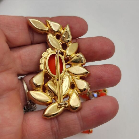 Flower Orange Matching Rhinestone And Bead Vintage Gold Brooch Pin Clip Earrings - Picture 3 of 8